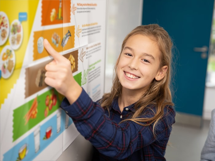 Eine Schülerin zeigt mit dem Finger auf ein Plakat, auf dem die Ernährungspyramide zu sehen ist.