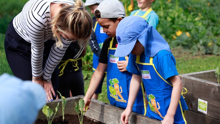 Die Kinder gärtnern am eigenen Hochbeet und erfahren hier, woher Gemüse stammt und wie viel Pflege es benötigt.