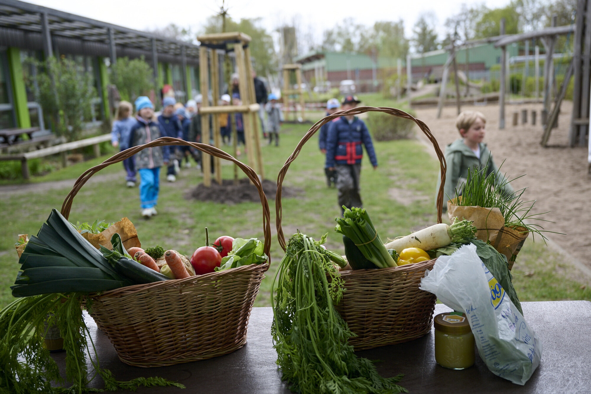 Kita-Kinder kommen zur Anpflanz-Aktion von "Gemüsebeete für Kids" der EDEKA Stiftung. Im Vordergrund stehen zwei Gemüsekörbe.