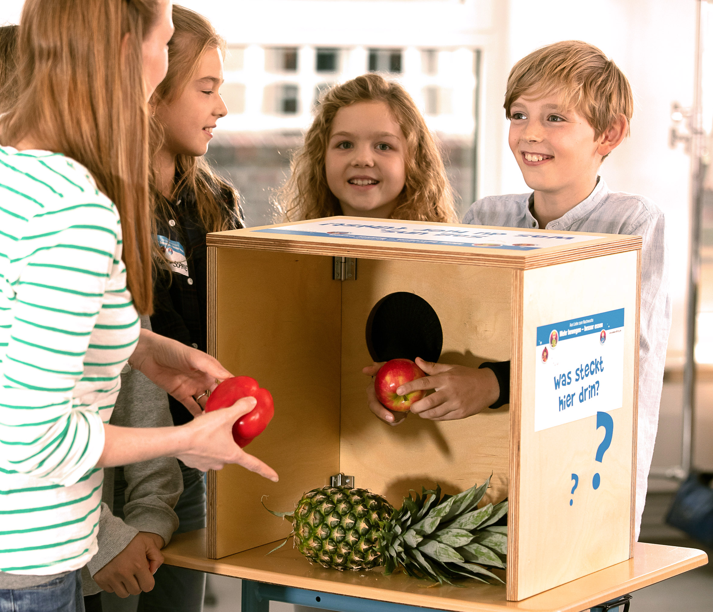 Ein Junge steckt seine Hände in eine Holzkiste und ertastet dort einen Apfel. Es liegt auch eine Ananas in der Kiste. 
